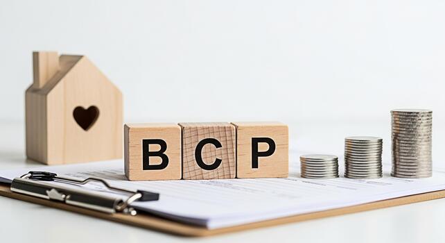 Wooden blocks spelling BCP with house and coins on a clipboard representing business continuity planning in a financial setting symbolizing security and preparedness for unforeseen circumstances photo
