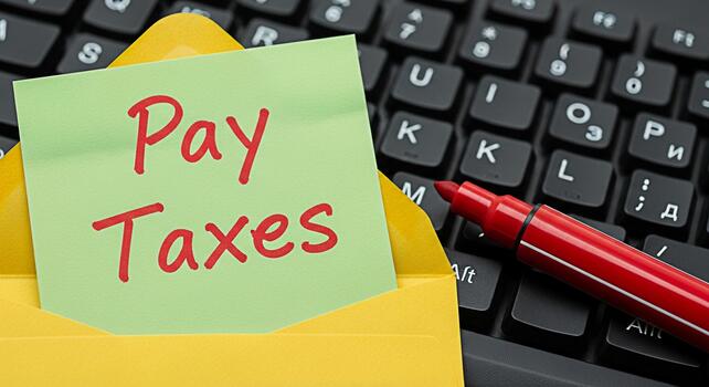 Reminder note in a yellow envelope on a computer keyboard saying Pay Taxes with a red marker symbolizing financial responsibility and the approaching tax deadline in a modern digital environment photo