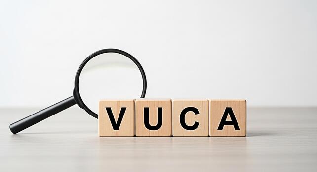 Magnifying glass examining wooden blocks spelling VUCA on a table representing Volatility Uncertainty Complexity and Ambiguity in a business environment conveying a sense of analysis and strategic pla photo