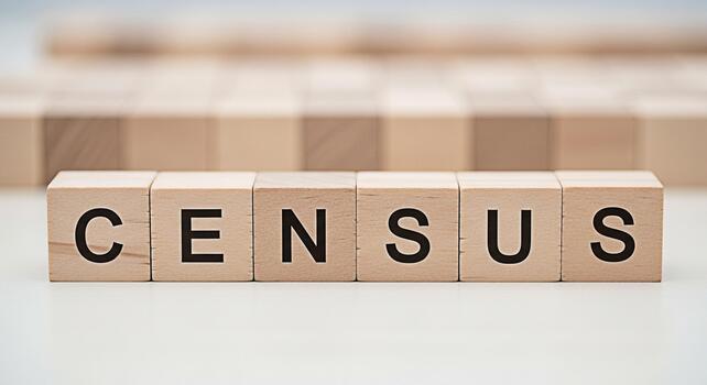 Wooden blocks spelling Census on a white surface representing data collection and demographic analysis conveying the importance of civic participation and accurate population statistics for informed d photo