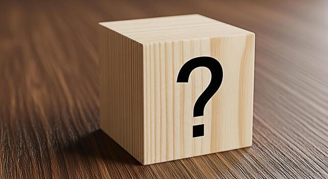 Wooden cube displaying a question mark on a wooden surface representing uncertainty and the need for answers evoking curiosity and problemsolving in a minimalist and clean setting photo