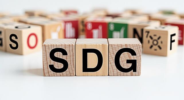 Wooden blocks displaying SDG and sustainable development goals icons on a white surface representing global partnership and commitment to achieving a better and more sustainable future for all photo