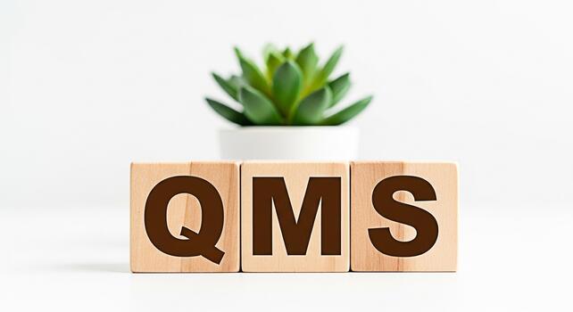 Wooden blocks displaying QMS on a clean white surface symbolizing Quality Management System with a succulent plant in the background conveying a sense of organization and efficiency in a minimalist se photo
