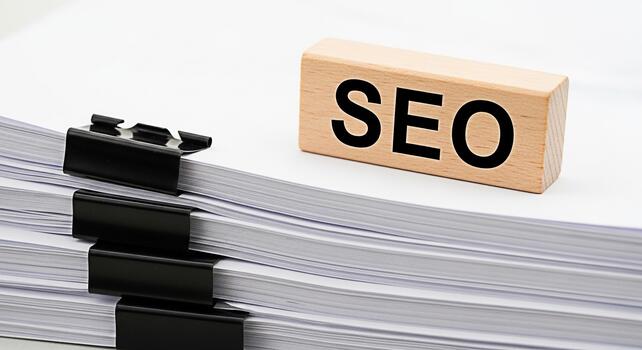 SEO block resting on a stack of documents with binder clips in a bright office setting symbolizing the importance of search engine optimization for business success and efficient document management photo