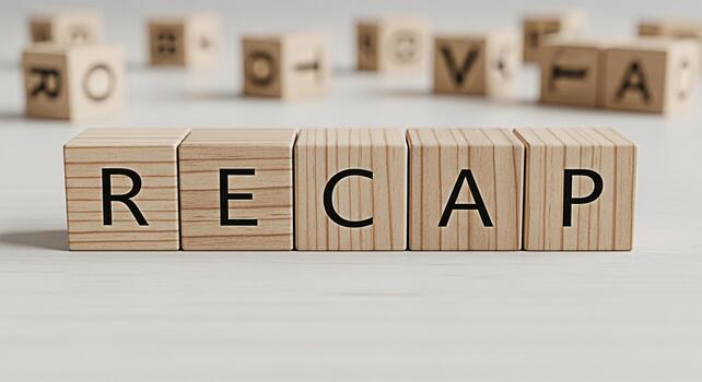 Wooden blocks spelling RECAP on a white surface conveying a sense of review and summarization perfect for business presentations educational materials and project updates emphasizing clarity and refle photo