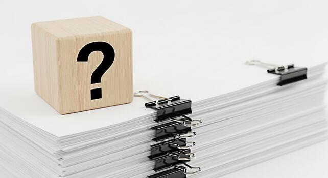 Wooden cube displaying a question mark sitting atop a stack of white paper held together with binder clips symbolizing uncertainty and the need for answers in business and decisionmaking processes photo