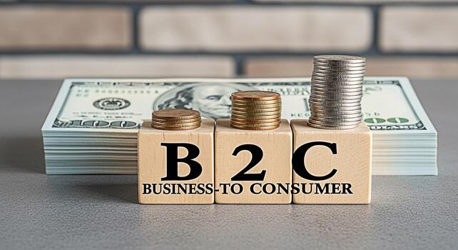 Wooden blocks displaying B2C BusinesstoConsumer with ascending coin stacks symbolizing growth and financial strategy against a backdrop of US dollar bills conveying a message of business success and i photo