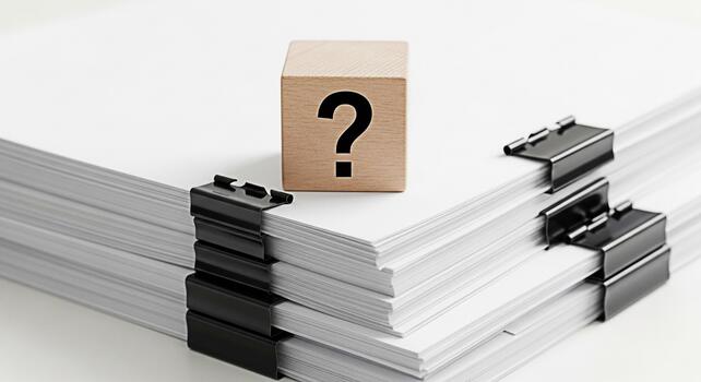 Wooden cube with a question mark sitting atop a stack of papers secured with binder clips on a white surface symbolizing uncertainty and the need for answers in business and documentation processes photo