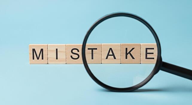 Magnifying glass focusing on wooden blocks spelling MISTAKE on a light blue background symbolizing error analysis and the importance of attention to detail in business and education highlighting the c photo