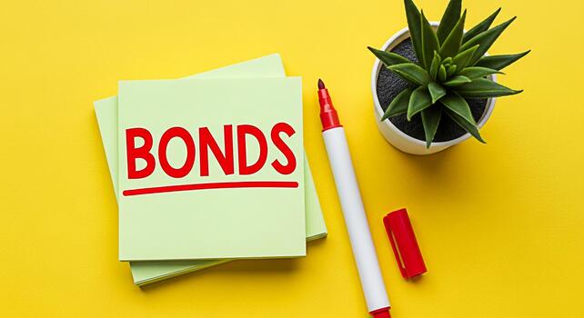 Stack of sticky notes displaying the word Bonds in red placed on a bright yellow surface next to a pen and a small potted plant symbolizing financial investment and stability in a vibrant setting photo