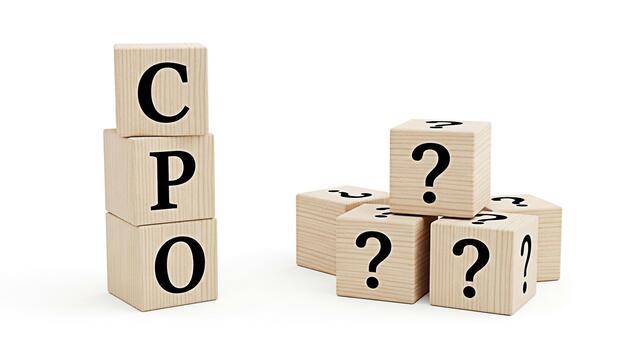 Wooden blocks displaying CPO stand next to blocks with question marks on a white surface representing the challenge and uncertainty of cost per order in marketing and business strategies photo
