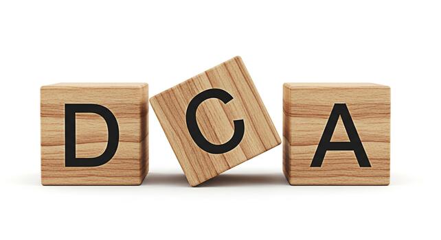 Wooden blocks spelling DCA on a white surface representing the concept of dollar cost averaging as a smart investment strategy for longterm financial growth and stability in a minimalist setting photo