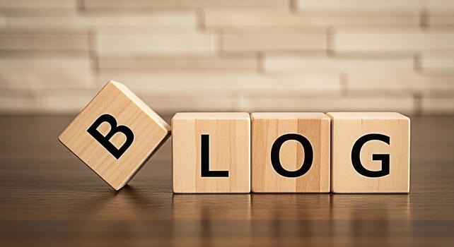 Wooden blocks spelling BLOG on a wooden table against a textured wall symbolizing online content creation and sharing with a focus on blogging and digital marketing strategies photo