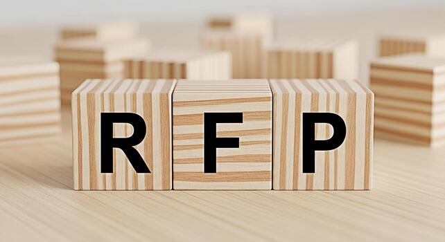 Wooden blocks displaying RFP on a light wooden surface representing a request for proposal in a business setting conveying a sense of formality and importance in project planning photo