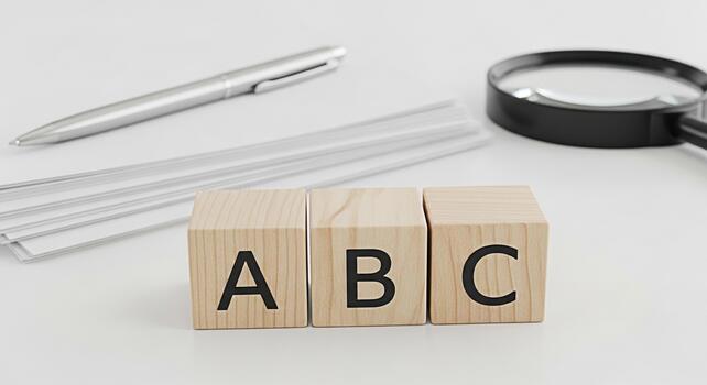 Wooden ABC blocks arranged on a white desk with a pen paper and magnifying glass symbolizing learning education and the basics of literacy in a clean and minimalist environment photo