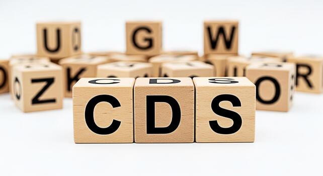 Wooden blocks spelling CDS on a white surface with other letter blocks scattered in the background representing education learning and the concept of building knowledge and literacy photo