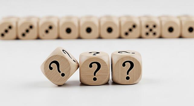 Wooden dice displaying question marks on a white surface symbolizing uncertainty and the need for decisionmaking in business and life creating a sense of mystery and intrigue photo