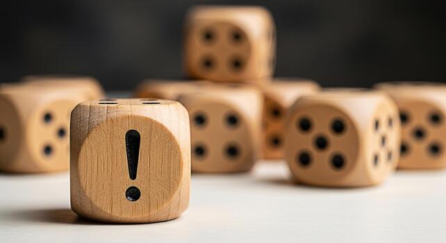 Wooden dice with an exclamation mark standing out among other dice on a white surface representing a warning risk or important message in a game or decisionmaking process photo