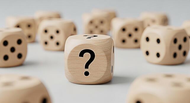 de madera dado con un pregunta marca en pie fuera entre otro dado en un neutral superficie simbolizando incertidumbre riesgo y el desafío de Toma de decisiones en negocio y vida creando un sentido de misterio foto