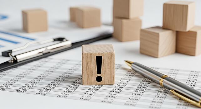 Wooden block with exclamation mark standing out on a financial report symbolizing attention to detail and critical analysis in a business environment highlighting important data and potential risks photo