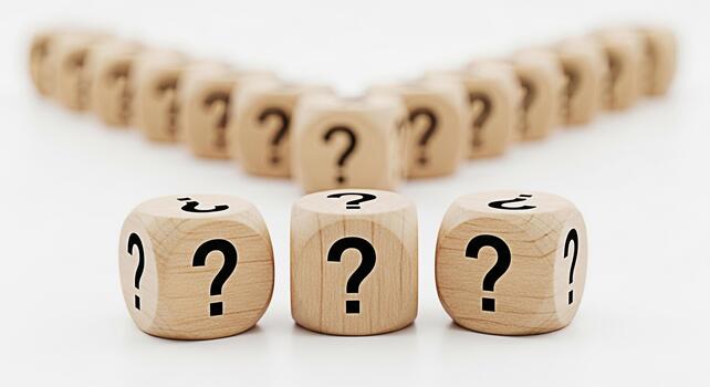 Wooden dice displaying question marks on a white surface symbolizing uncertainty and the search for answers in a minimalist and thoughtprovoking composition ideal for illustrating business challenges photo