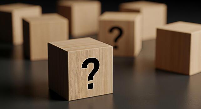 Wooden blocks displaying question marks on a dark surface representing uncertainty and the need for solutions in a business or educational setting evoking curiosity and a sense of challenge photo