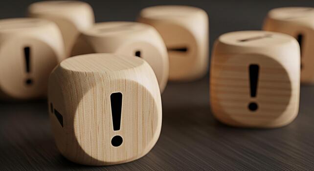 Wooden dice displaying exclamation marks on a dark wooden surface symbolizing urgency and attention to detail in a critical situation highlighting the importance of problemsolving and decisionmaking photo