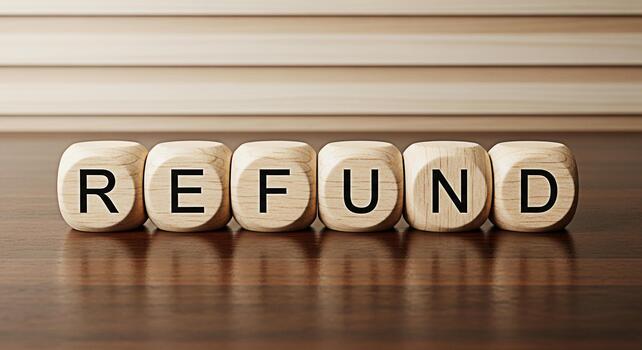 Wooden blocks spelling REFUND on a polished wooden surface symbolizing financial return and customer satisfaction in a business setting creating a sense of trust and reliability for consumers photo