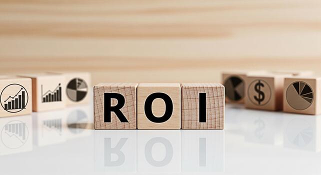 Wooden blocks displaying ROI on a reflective surface surrounded by blocks with financial charts and graphs symbolizing investment analysis and the potential for high returns in a business setting photo