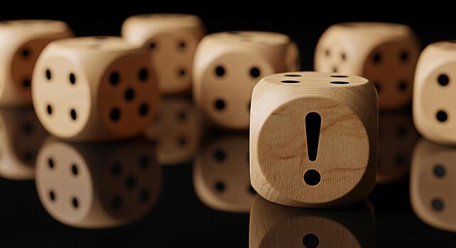 Wooden dice with an exclamation mark standing out from the crowd on a reflective surface symbolizing risk attention and the importance of decisionmaking in a competitive and uncertain environment photo