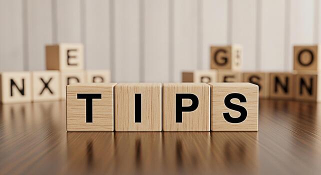 Wooden blocks spelling TIPS on a polished wooden surface surrounded by blurred blocks with letters conveying a helpful and informative message in a clean and modern setting photo