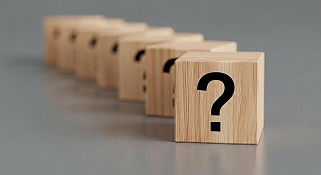 Row of wooden blocks displaying question marks on a gray surface symbolizing uncertainty and the need for solutions in a complex business environment evoking curiosity and problemsolving photo