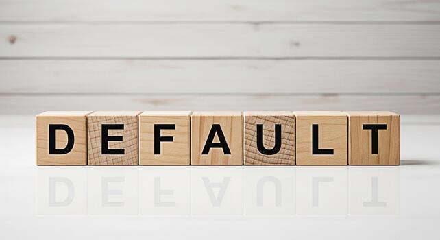 Wooden blocks spelling DEFAULT on a white surface against a bright minimalist backdrop representing financial risk failure and the importance of planning to avoid economic hardship and debt photo