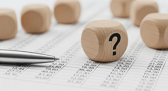 Wooden dice with a question mark resting on a financial spreadsheet next to a pen symbolizing uncertainty in business investment decisions and the need for careful analysis in a complex environment photo