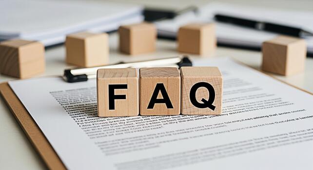 Wooden blocks spelling FAQ resting on a clipboard with a document in a bright office setting representing frequently asked questions and providing helpful information and support for customers photo