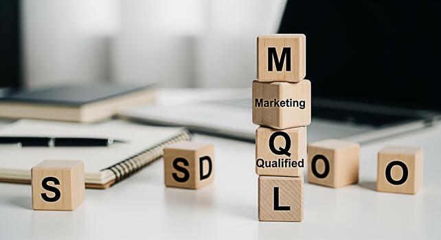 Wooden blocks displaying MQL stack up on a white desk representing marketing qualified leads in a modern office environment conveying a concept of business strategy and lead generation photo