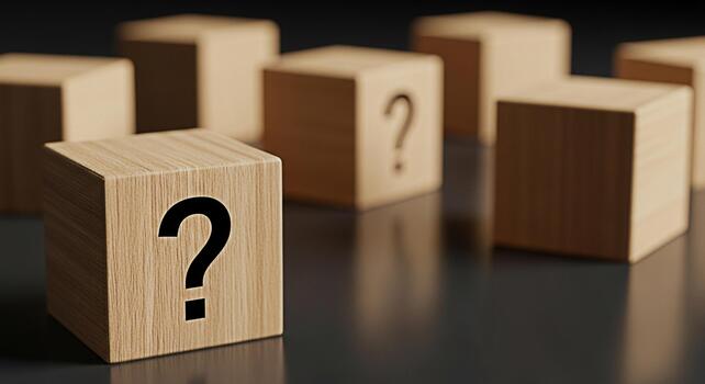 Wooden blocks displaying question marks on a reflective surface creating a sense of mystery and uncertainty ideal for representing challenges problemsolving and decisionmaking processes in business an photo