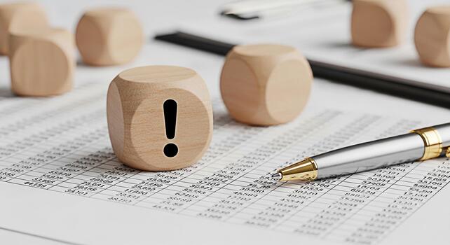 Wooden block with exclamation mark resting on a financial spreadsheet next to a pen indicating a potential error or important issue requiring attention in business accounting and analysis photo