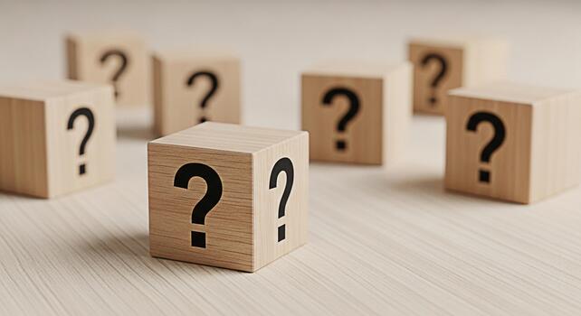 Wooden blocks displaying question marks on a bright surface representing uncertainty and problemsolving in a minimalist and thoughtprovoking environment ideal for business and educational concepts photo