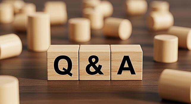 Wooden blocks displaying Q A on a dark wooden surface surrounded by cylinder shapes representing a concept of knowledge information and problemsolving in a simple and minimalist setting photo