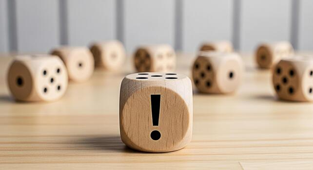 Wooden dice with an exclamation point standing out on a wooden table symbolizing risk attention and a call to action in a game or business strategy creating a sense of urgency and importance photo