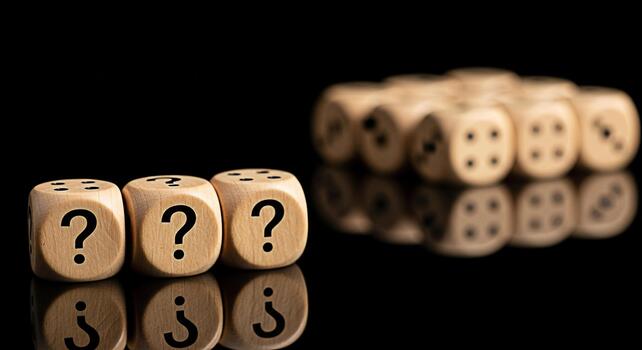 Wooden dice displaying question marks and numbers resting on a reflective black surface symbolizing uncertainty risk and the element of chance in decisionmaking and strategic planning photo