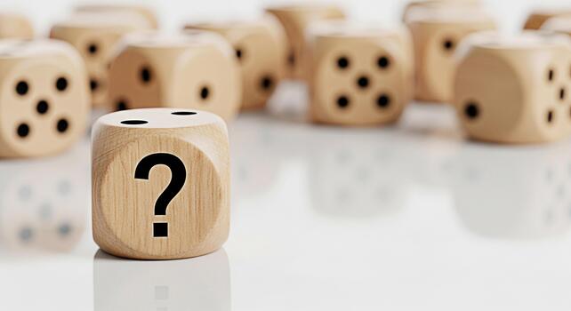 Wooden dice displaying a question mark on a reflective surface surrounded by other dice symbolizing uncertainty and the need for decisionmaking in a business or personal context creating a sense of my photo
