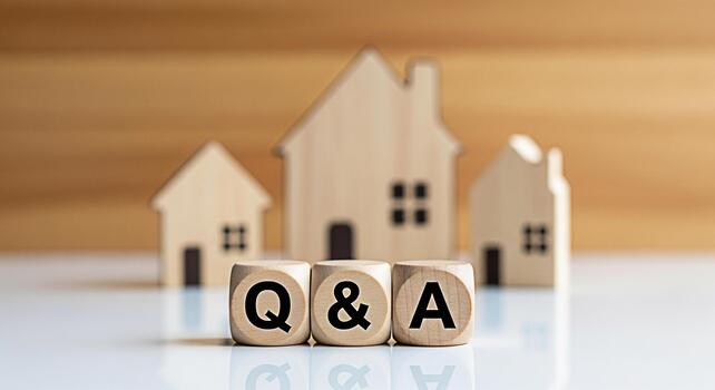 Wooden blocks displaying QA in front of blurred wooden house models on a white surface representing real estate questions and answers mortgage advice and property investment guidance in a bright setti photo