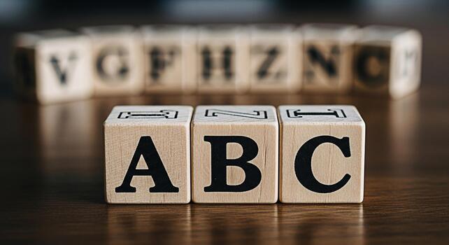 Wooden alphabet blocks spelling ABC on a wooden surface with other alphabet blocks in the background representing early childhood education and a playful learning environment fostering curiosity and d photo