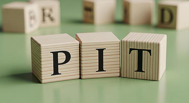 Wooden blocks spelling PIT on a green surface representing challenges and obstacles in a minimalist setting evoking a sense of problemsolving and strategic thinking for business or personal growth photo