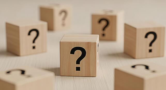 Wooden cubes displaying question marks on a light wooden surface symbolizing uncertainty and the need for answers in business education and personal life creating a mood of curiosity and inquiry photo