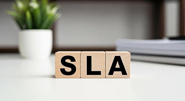 Wooden blocks displaying SLA on a white desk in a bright office representing Service Level Agreement and business commitment to quality and reliability in a professional environment photo