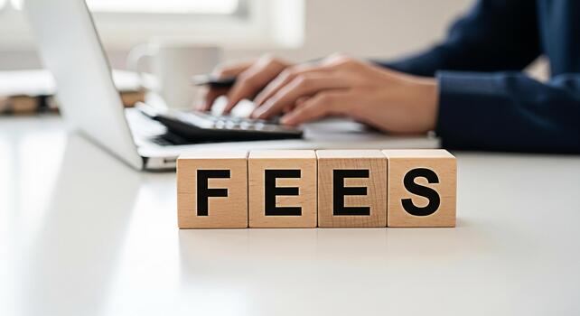 contador calcula Tarifa en un brillante oficina utilizando un calculadora con de madera bloques ortografía Tarifa en el primer plano representando financiero planificación y costo administración con un moderno limpiar estético foto