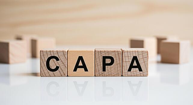 Wooden blocks spelling CAPA on a white surface representing corrective and preventive action in a business setting conveying a sense of quality control and continuous improvement photo